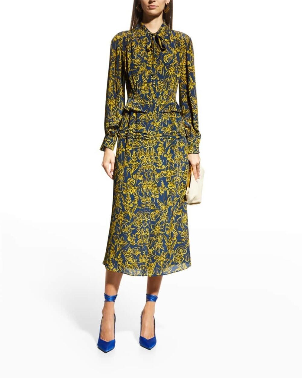 Jason Wu Yellow Navy Blue Floral Long Sleeve Midi Dress 2 Collared Long Sleeve
